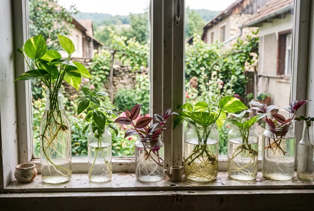 Butași de pothos, tradescantia și busuioc înrădăcinați în apă