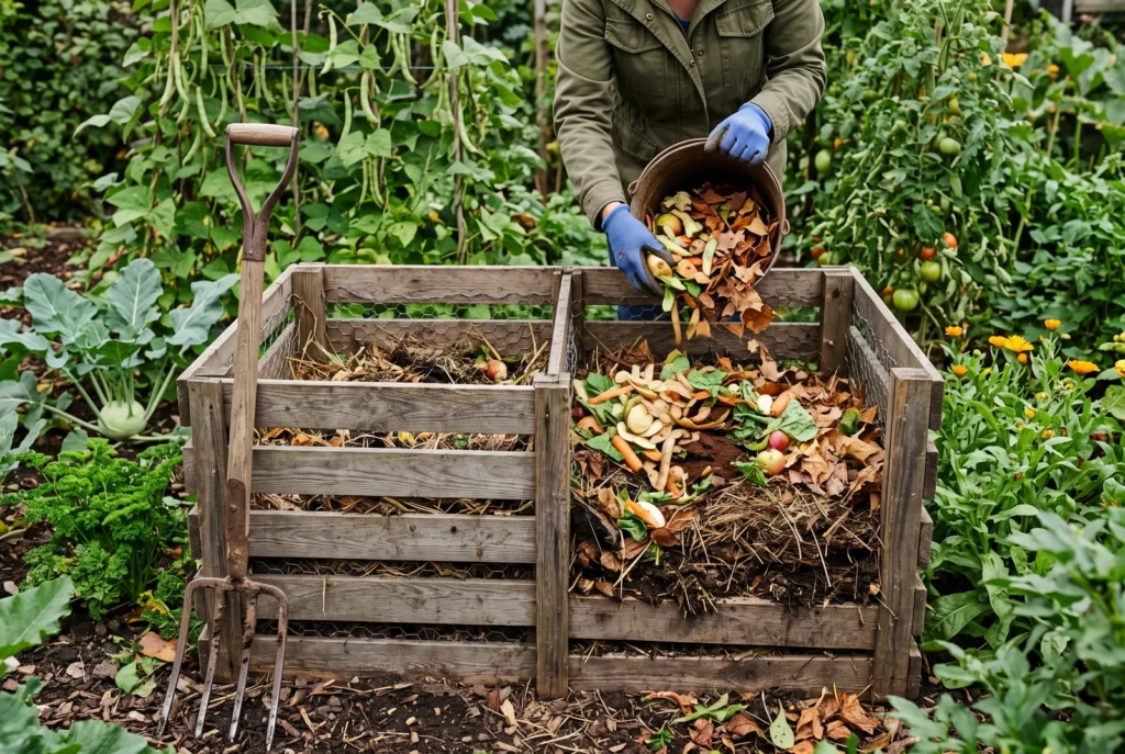 Compostor din lemn în curte, cu resturi vegetale și frunze uscate