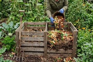 Compostor din lemn în curte, cu resturi vegetale și frunze uscate
