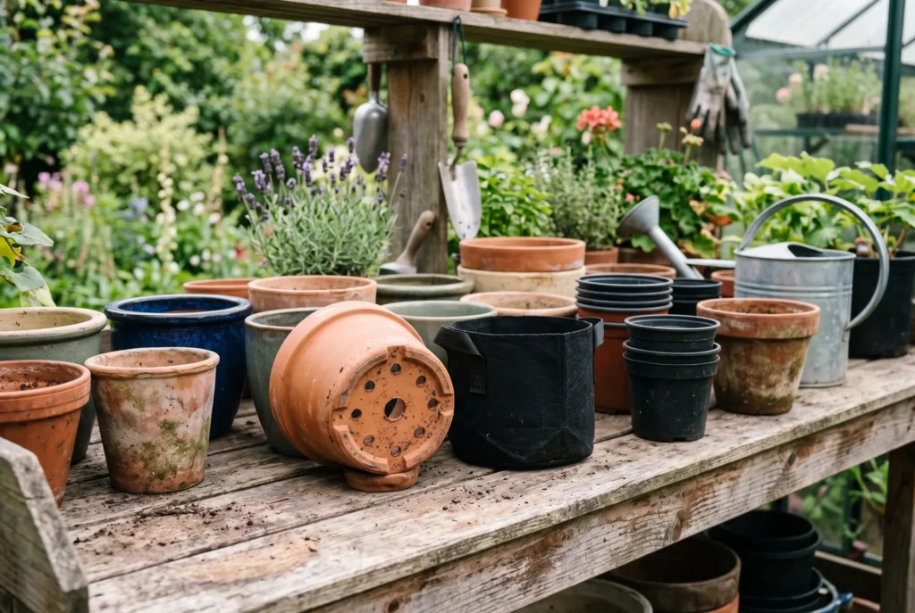 Ghivece din teracotă, ceramică, plastic și textil