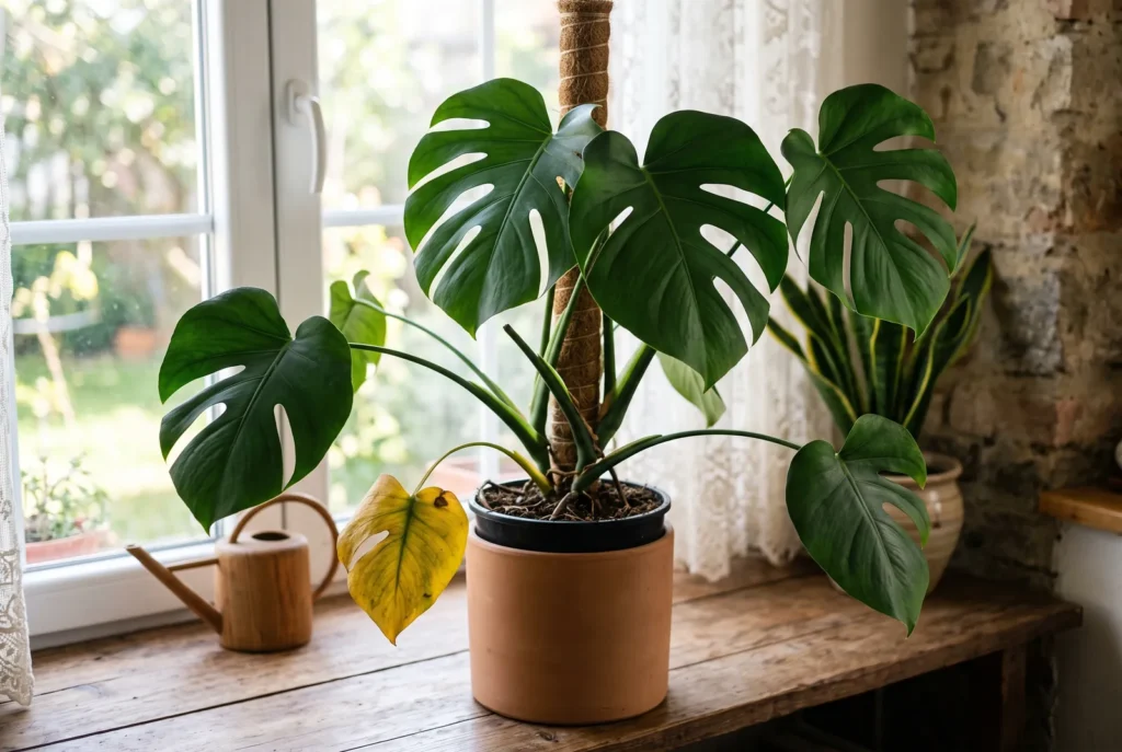 Monstera cu o frunză de jos îngălbenită printre frunze sănătoase