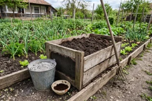 Compost, cenușă de lemn și zaț de cafea lângă o grădină de legume