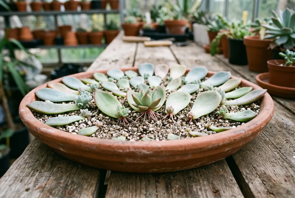 Frunze de echeveria cu rozete noi și rădăcini la bază