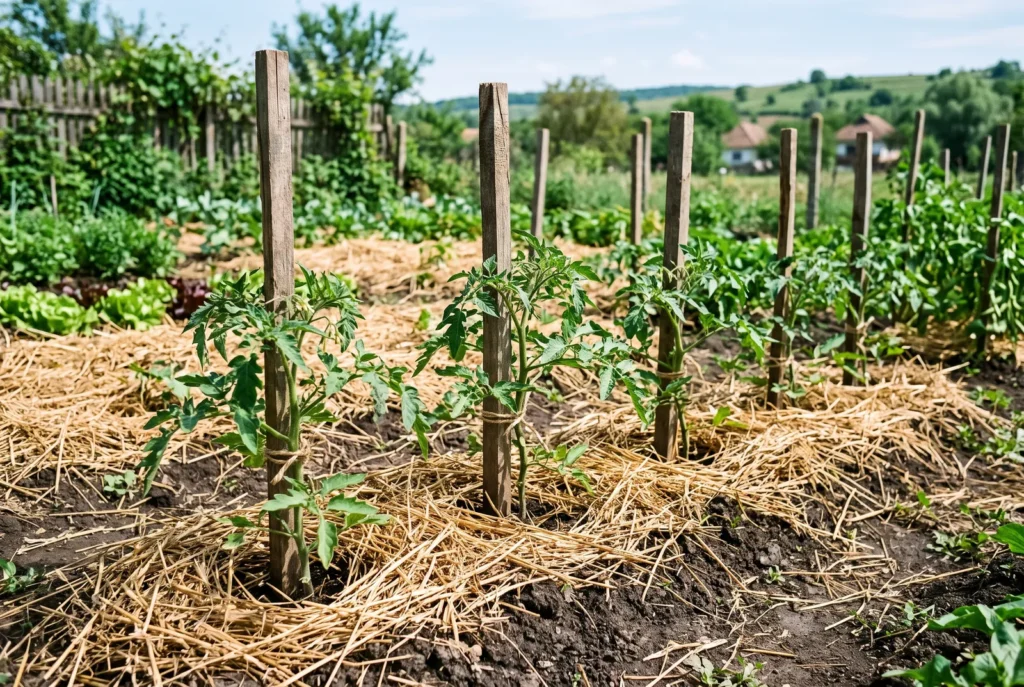 Roșii plantate în mai, legate de araci și mulcite