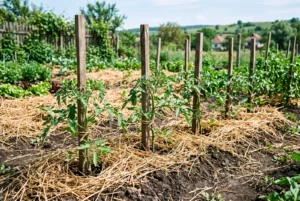 Roșii plantate în mai, legate de araci și mulcite