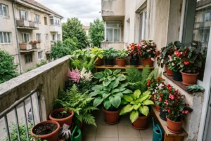 Balcon umbrit cu hoste, ferigi, astilbe și begonii