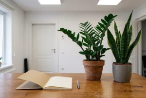 Zamioculcas și sansevieria pe un birou, la lumină artificială