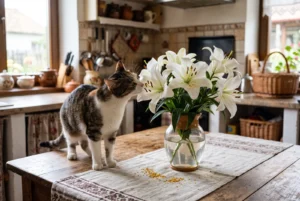 Pisică lângă un buchet de crini, foarte toxici pentru pisici