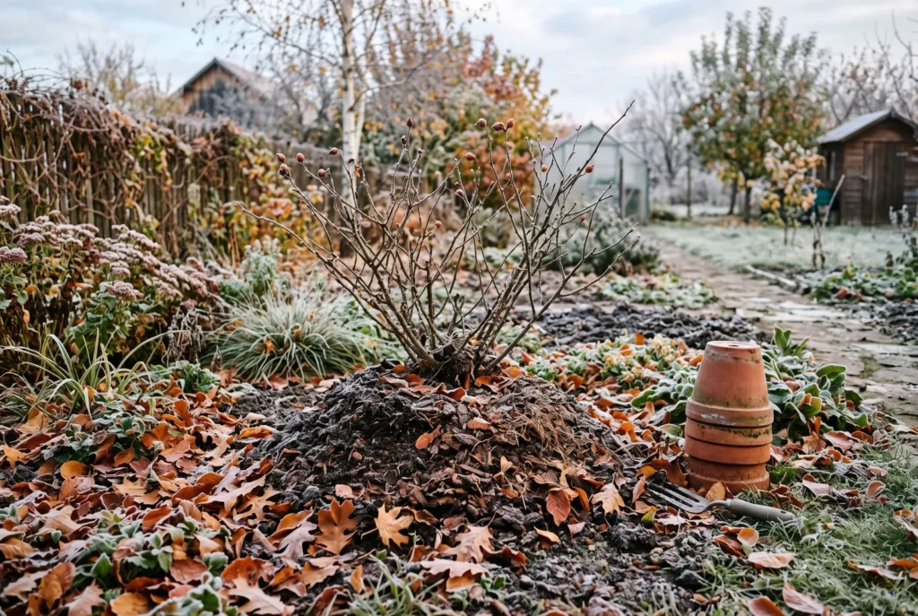 Trandafir mușuroit și grădină pregătită pentru iarnă