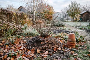 Trandafir mușuroit și grădină pregătită pentru iarnă