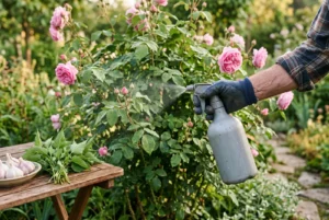 Pulverizarea unui trandafir cu un preparat natural, lângă usturoi și urzici