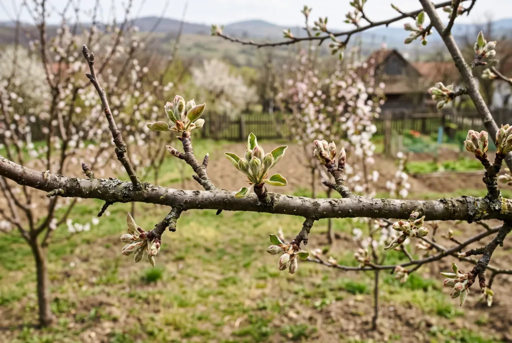 Ramură de măr cu muguri umflați, primăvara devreme