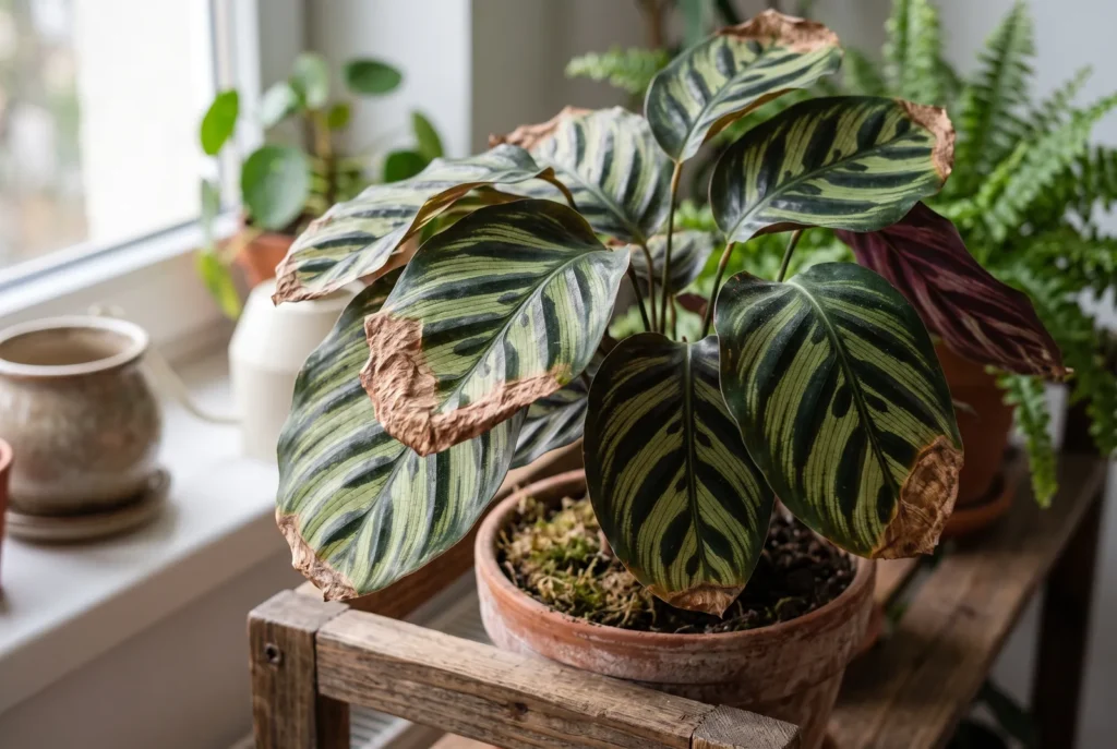 Frunze de calathea cu vârfuri maro și uscate