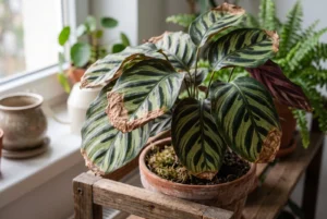 Frunze de calathea cu vârfuri maro și uscate